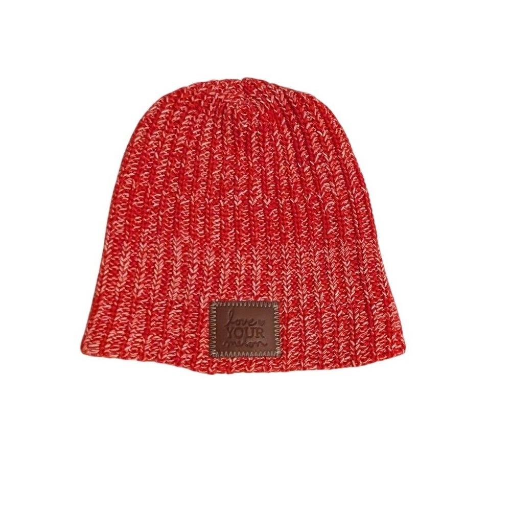 Love Your Melon Red White Marled Knit Beanie Hat 100% Cotton Made in USA